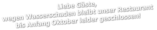 Liebe Gäste, wegen Wasserschaden bleibt unser Restaurant  bis Anfang Oktober leider geschlossen!